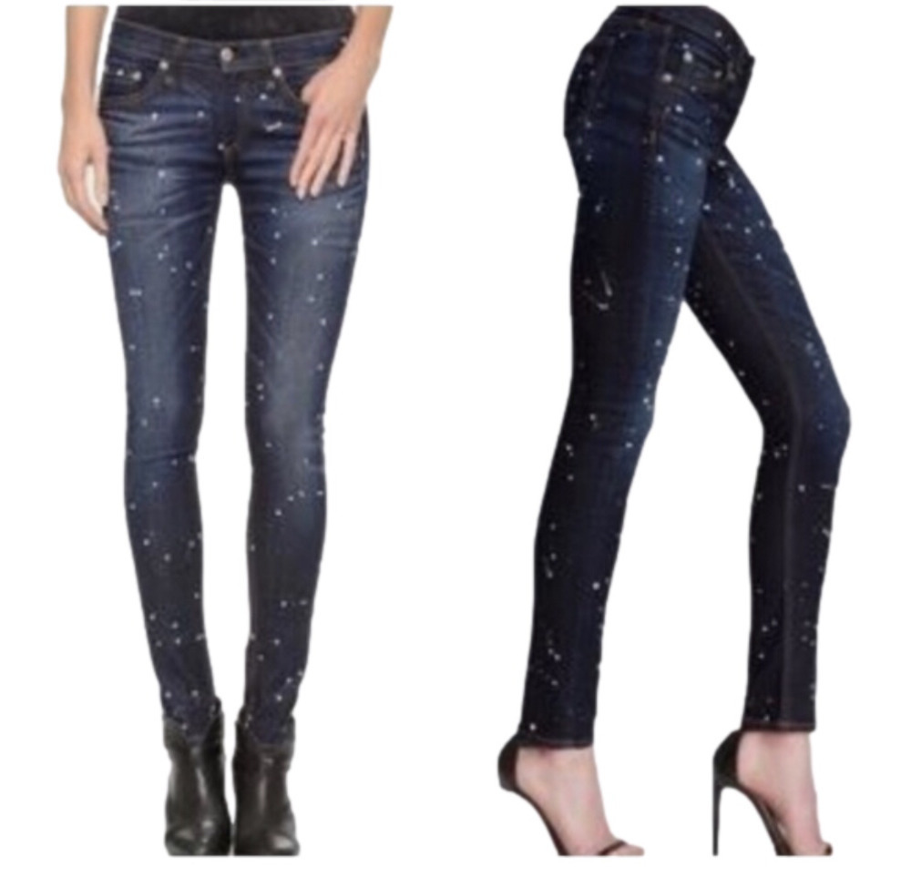 RAG & BONE Blue White Dark Rinse Andfield Splatter Paint Skinny Jeans Size 26